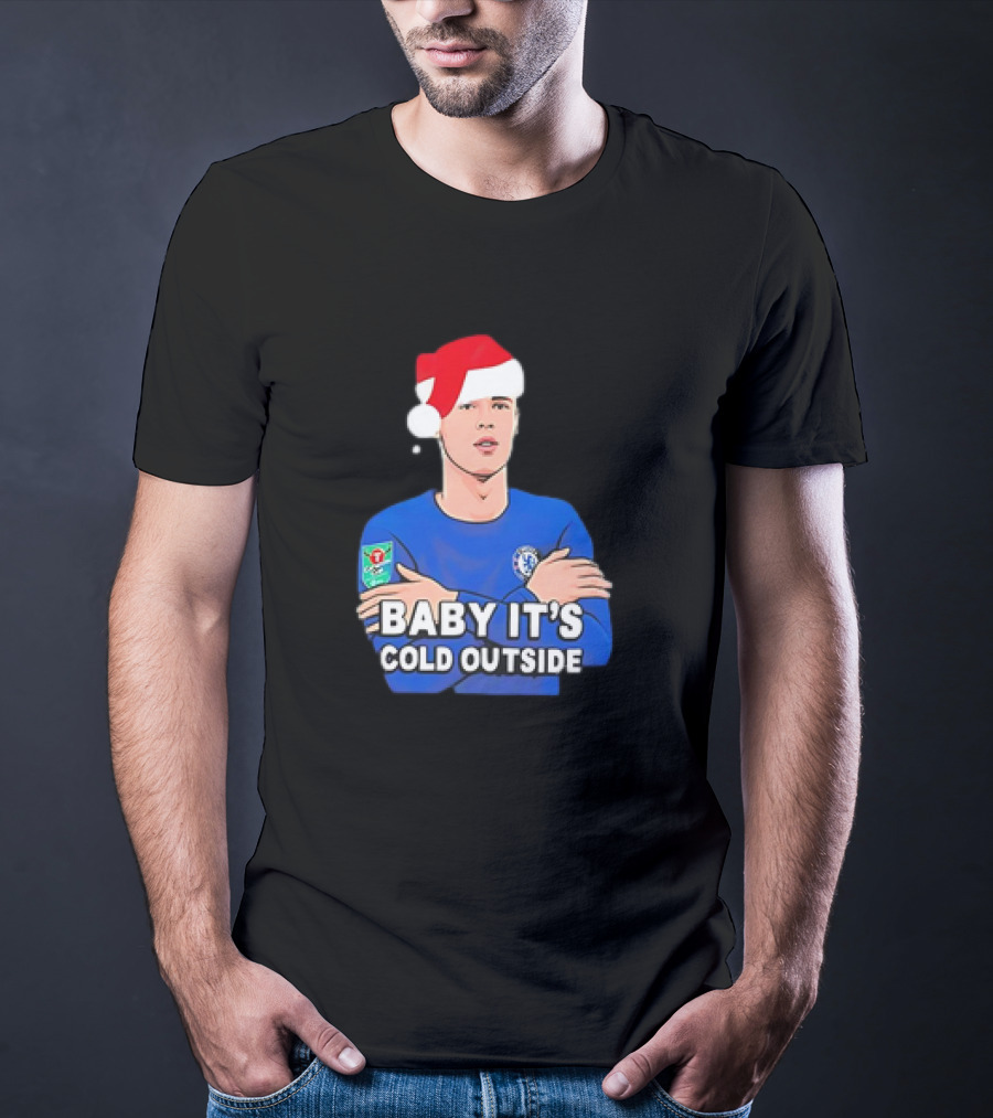 Baby It's Cold Outside Santa Hat Footballer In Blue T-Shirt