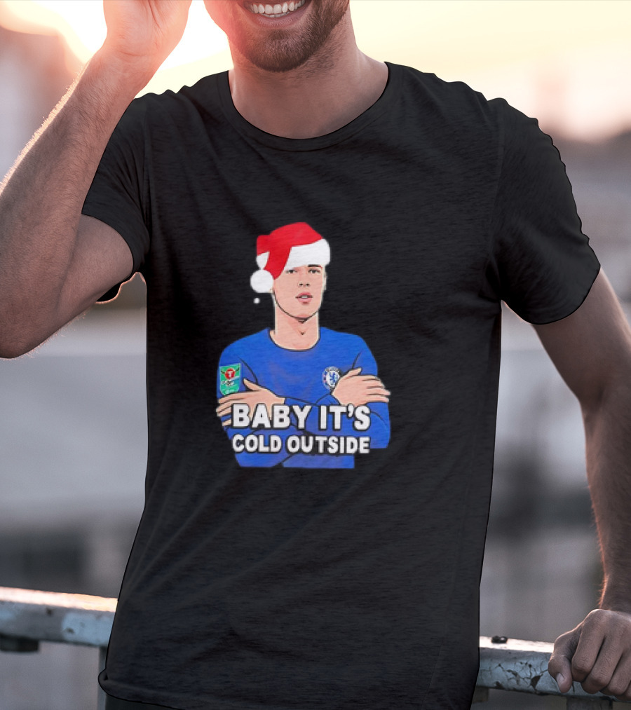 Baby It's Cold Outside Santa Hat Footballer In Blue T-Shirt