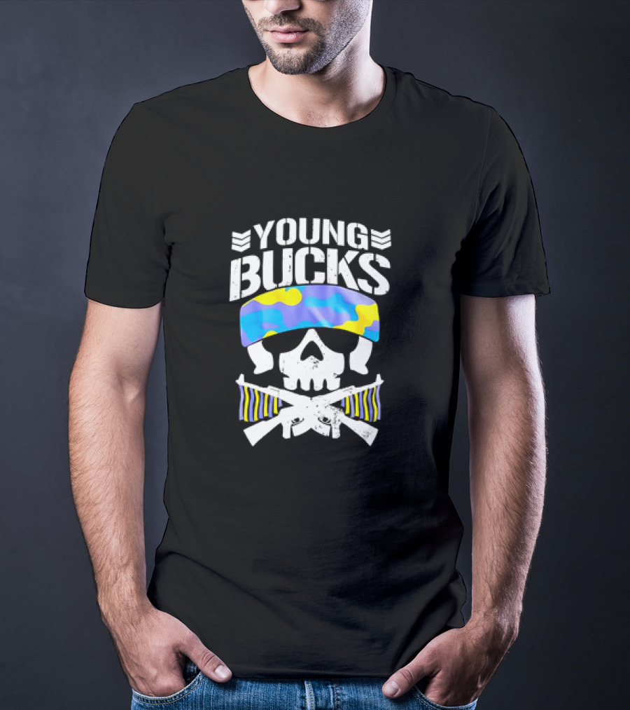 Young Bucks Skull With Camo Headband And Crossed Rifles T-Shirt