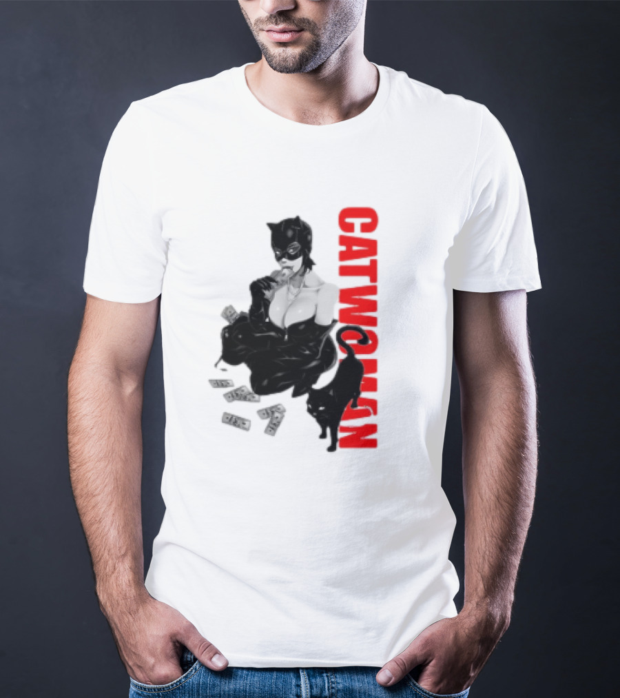 Catwoman Cartoon Noir With Money And Black Cat T-Shirt