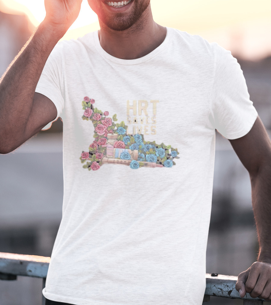 HRT Saves Lives Floral Design With Pink And Blue Roses And Medical Supplies T-Shirt
