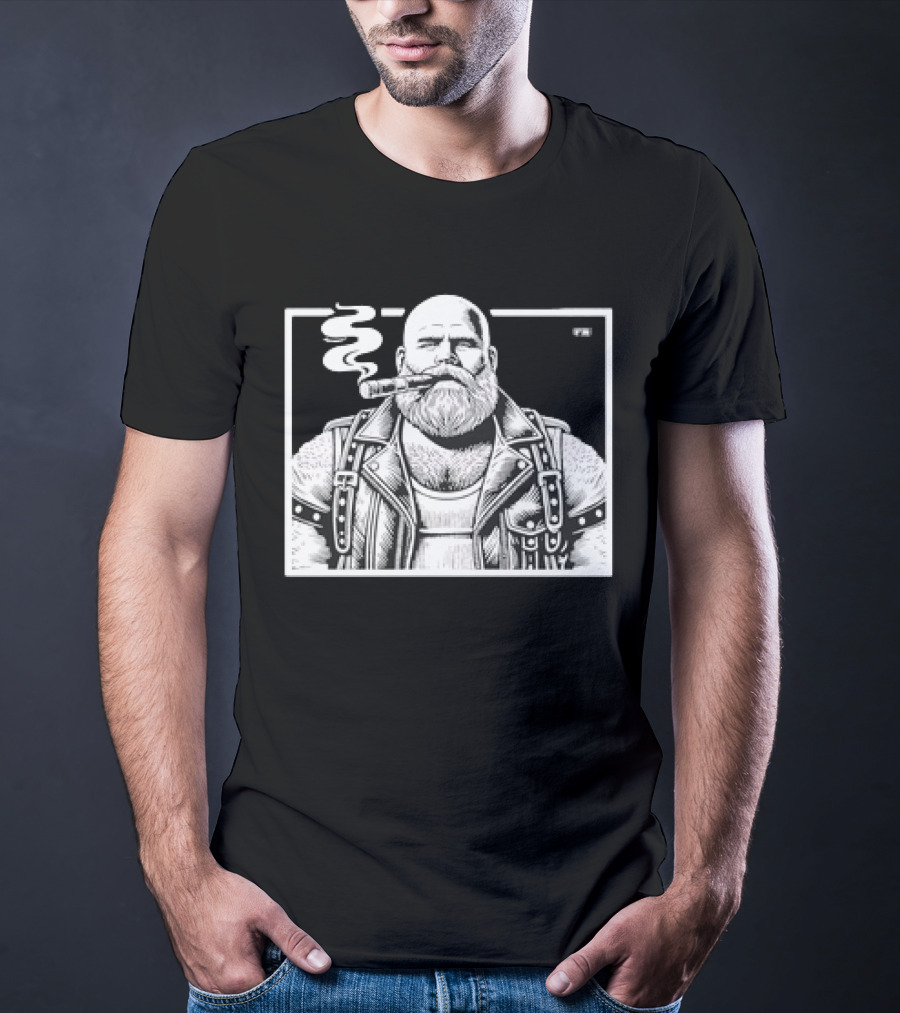 Cigar Daddy Bearded Biker In Leather Jacket T-Shirt