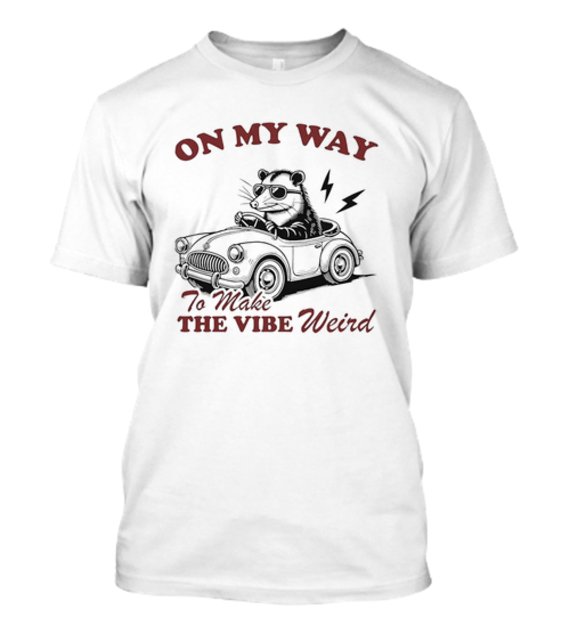 ON MY WAY TO MAKE THE VIBE WEIRD Opossum In Car With Sunglasses And Lightning Bolt T-Shirt