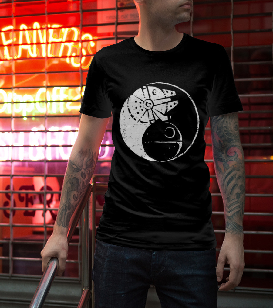 Millennium Falcon And Death Star Yin Yang Balancing The Force T-Shirt
