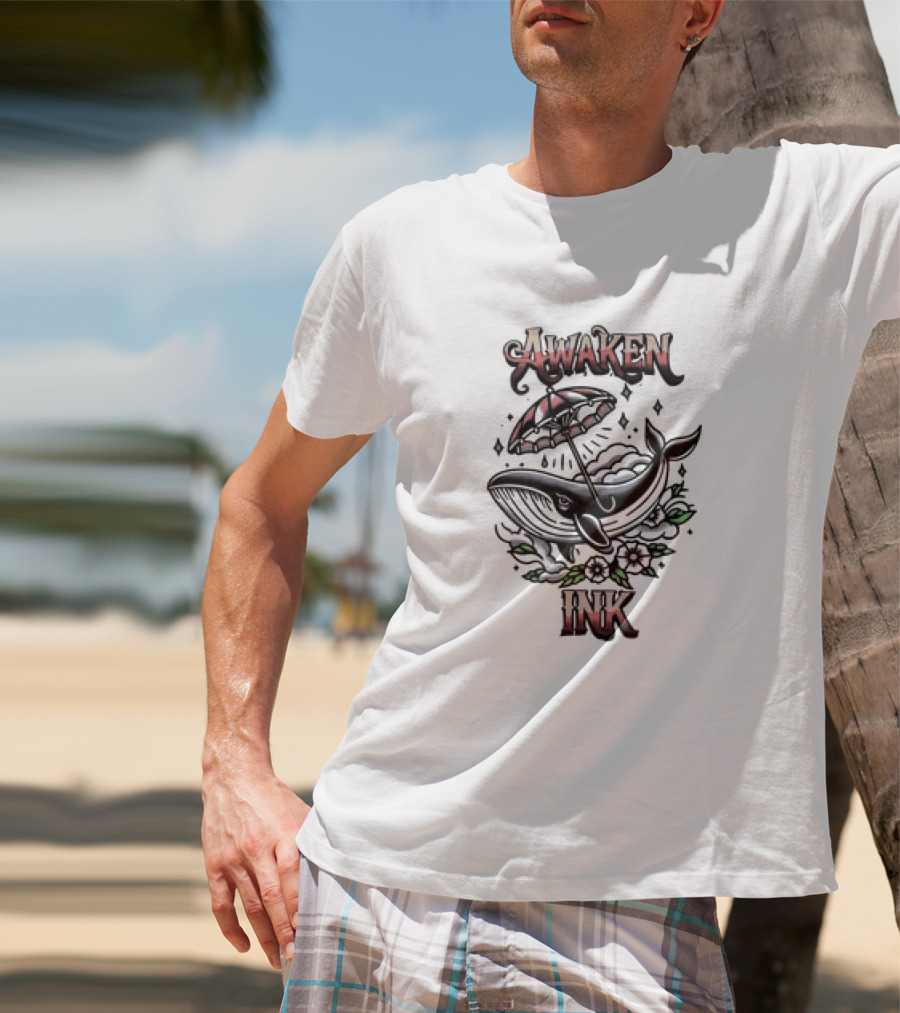 Awaken Ink Whale With Umbrella And Flowers T-Shirt