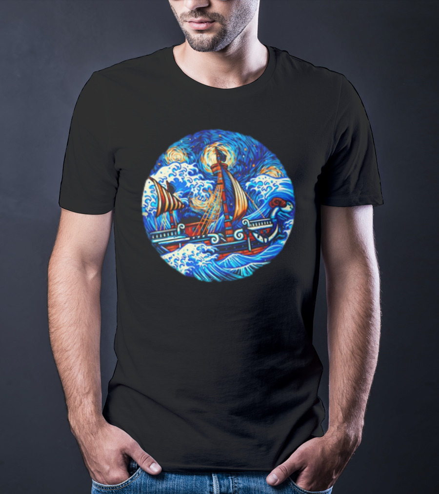 Going Merry One Piece Pirate Ship Van Gogh Wave T-Shirt