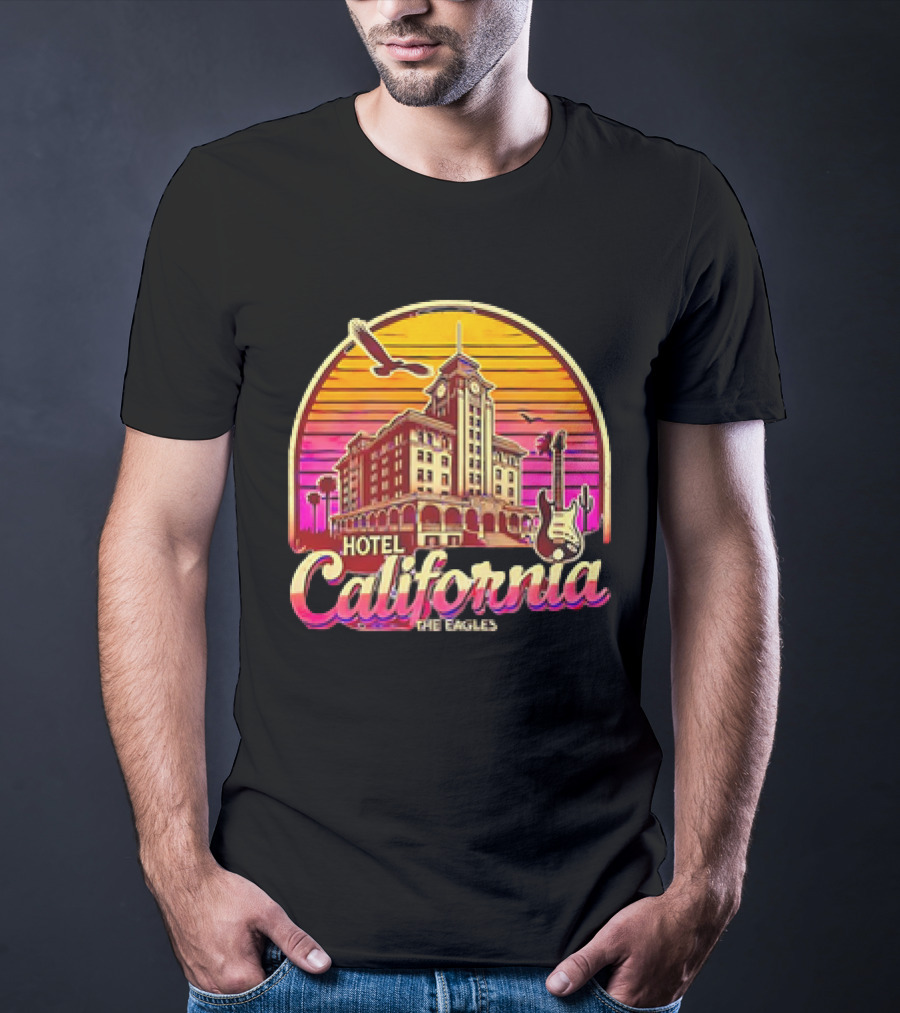 Hotel California The Eagles Sunset Art Deco Guitar And Seagulls T-Shirt