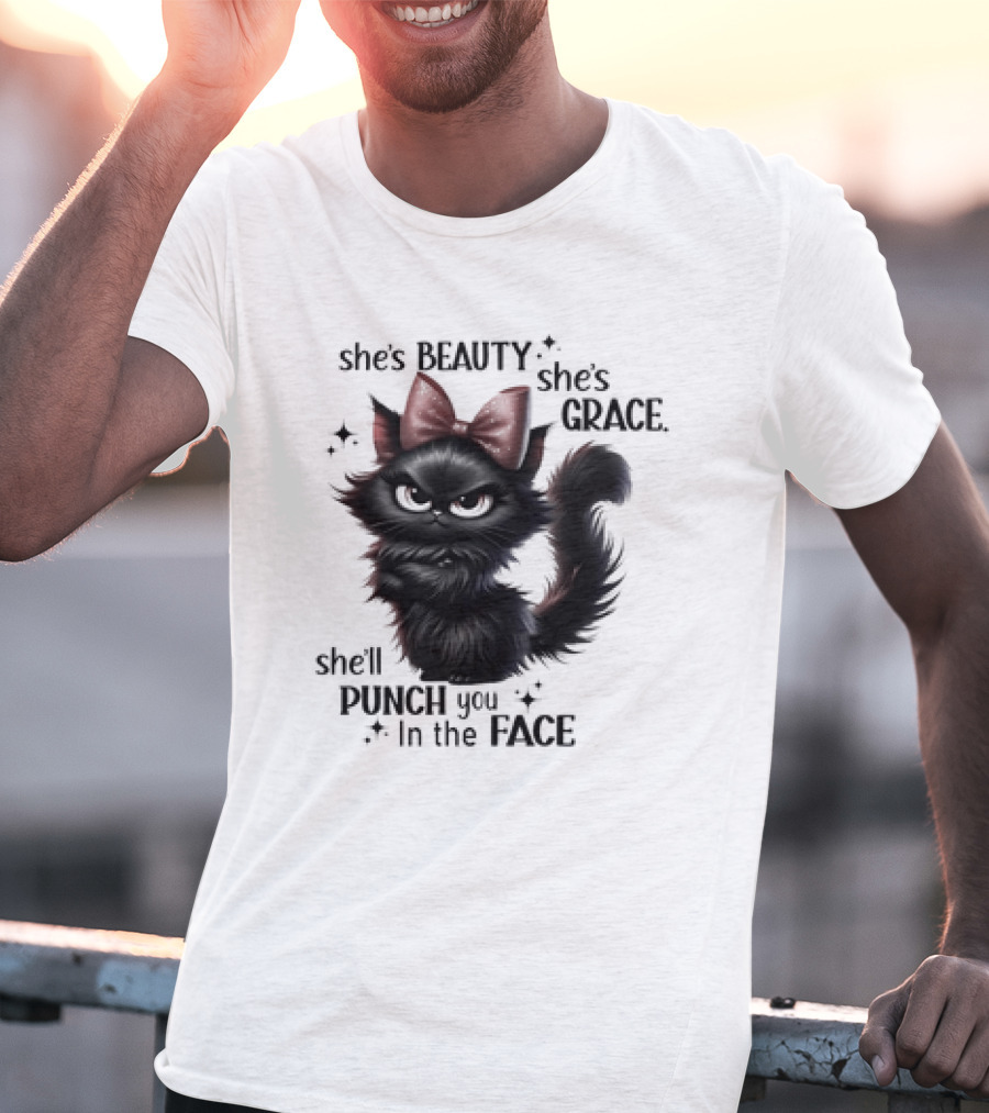 She's Beauty She's Grace She'll Punch You In The Face Black Cat With Bow And Sparkles T-Shirt