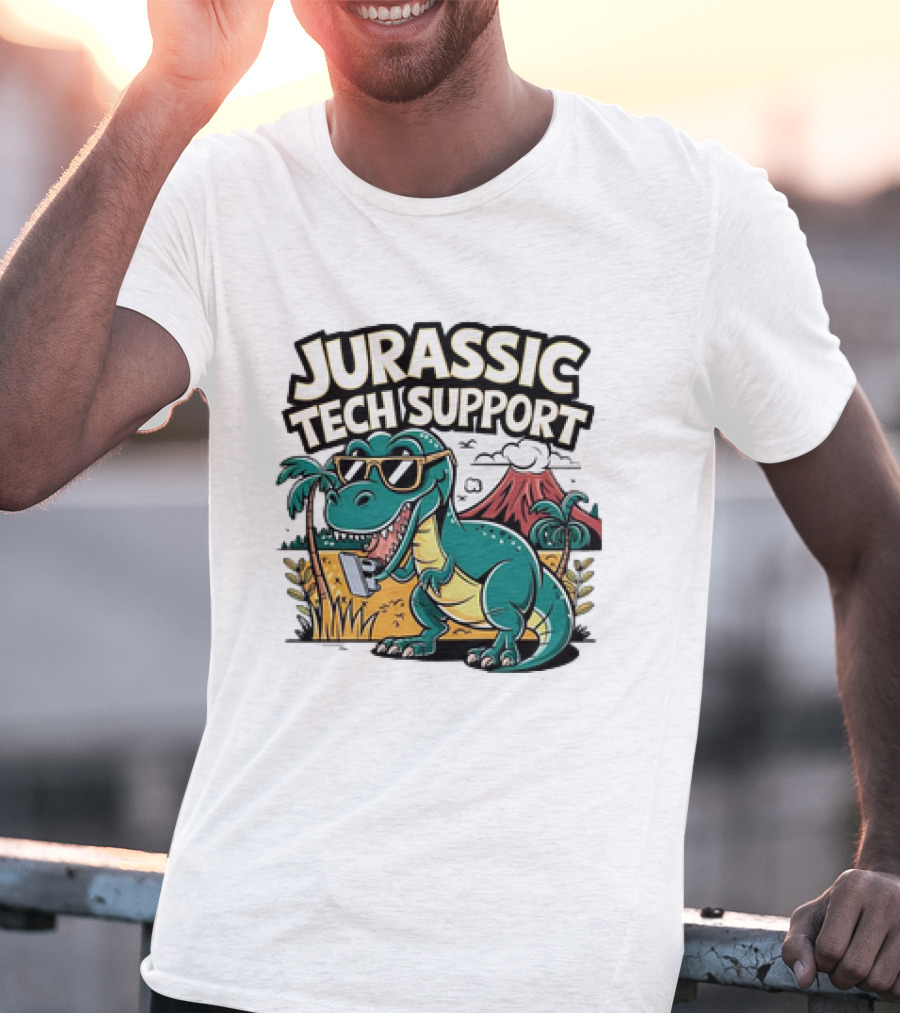 Jurassic Tech Support Dinosaur With Sunglasses And Volcano T-Shirt