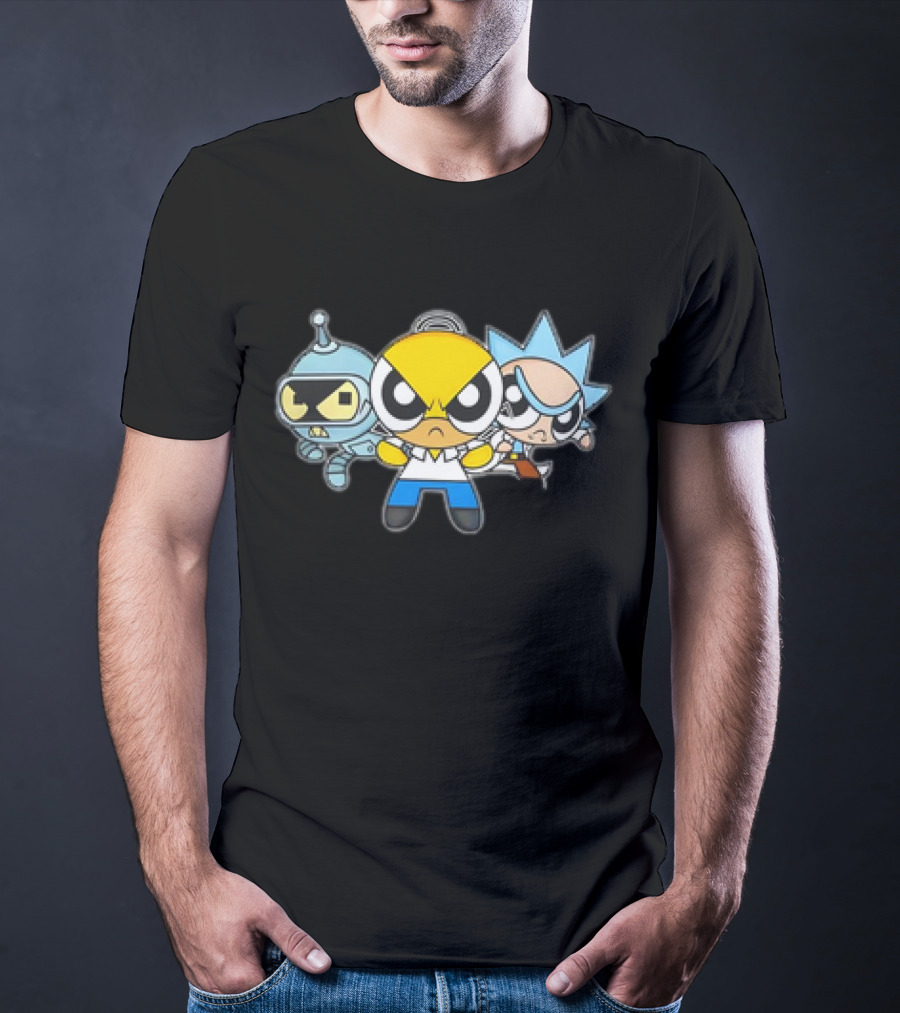 Bender Homer Rick Powerpuff Girls Drunkenpuff Guys Crossover T-Shirt