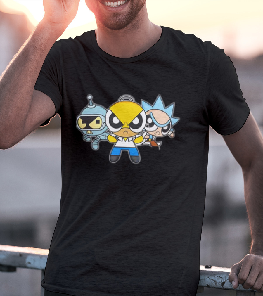 Bender Homer Rick Powerpuff Girls Drunkenpuff Guys Crossover T-Shirt