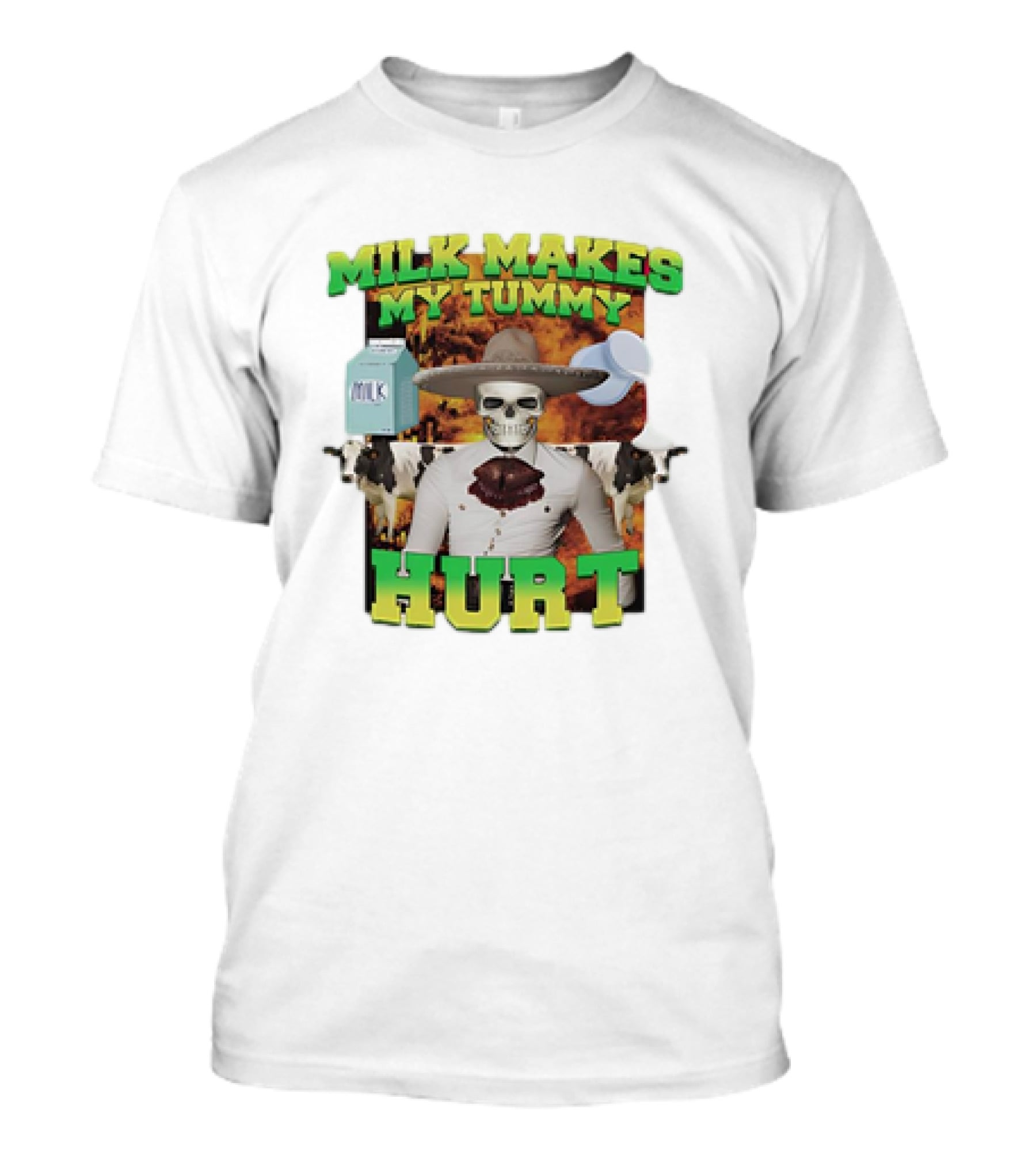 Milk Makes My Tummy Hurt Skeleton Cowboy Meme With Milk Jug And Cows T-Shirt