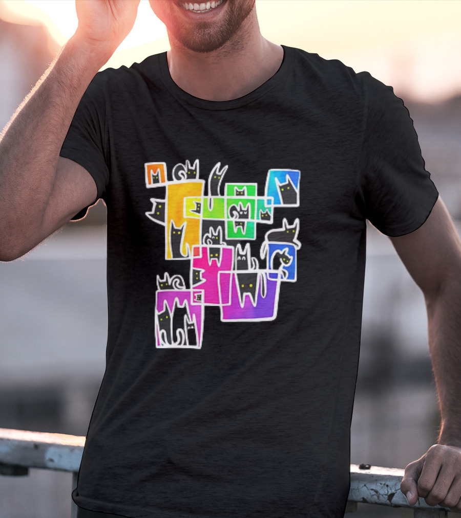 Cats Kitty Warp Rainbow Tetris Blocks T-Shirt