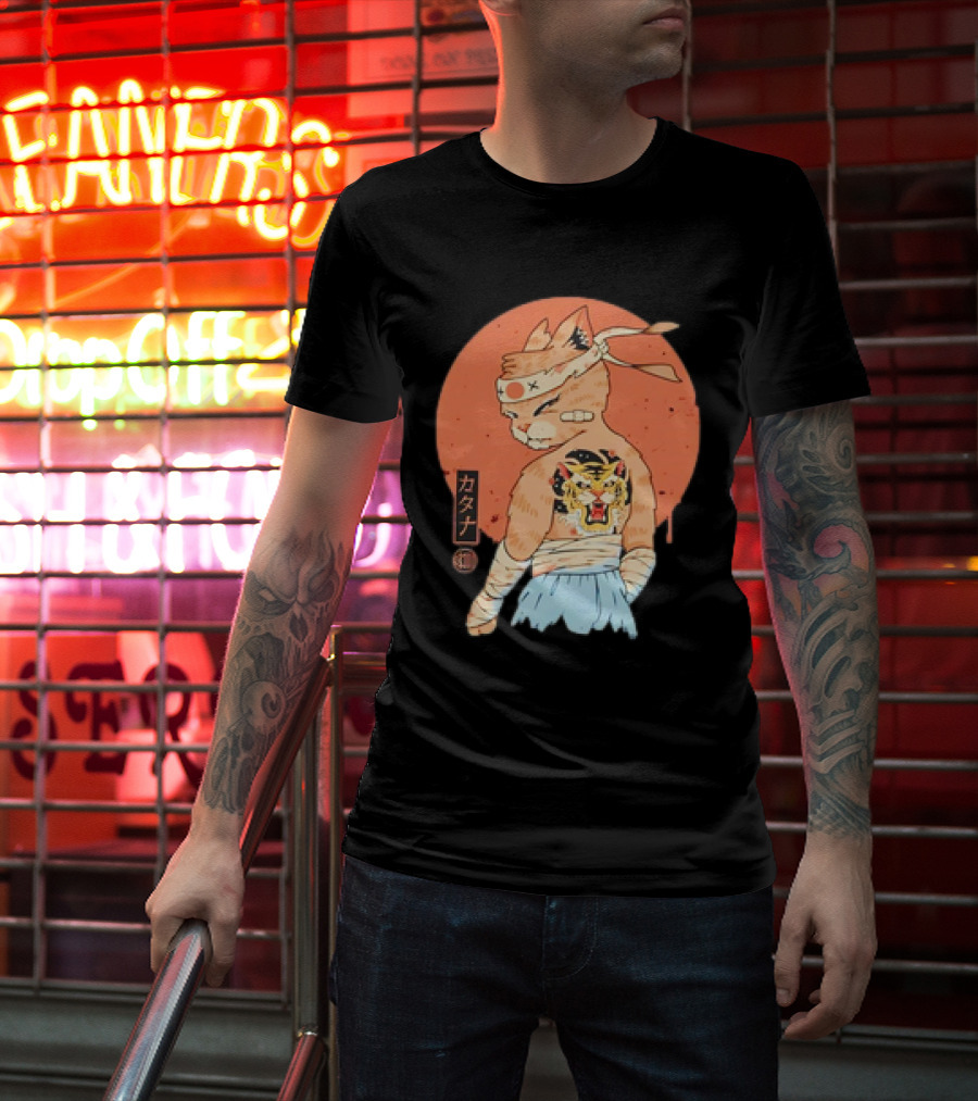 Samurai Cat Katana Battle Damage Japanese Tiger Tattoo T-Shirt