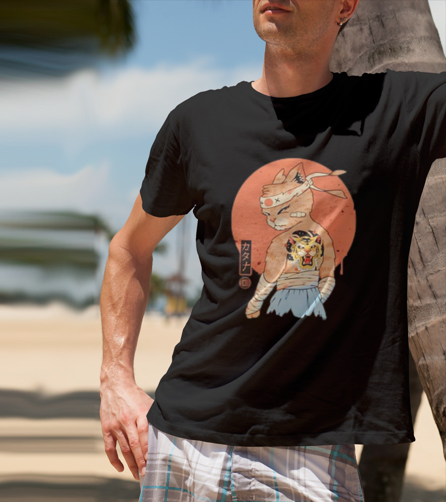 Samurai Cat Katana Battle Damage Japanese Tiger Tattoo T-Shirt