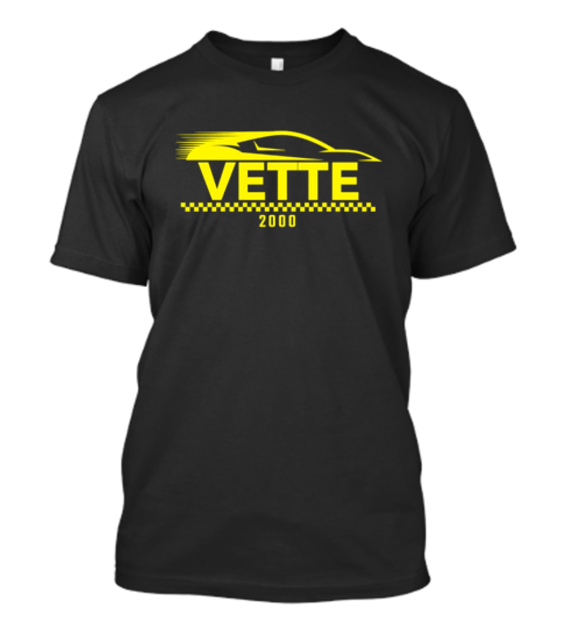 Vette 2000 Sports Car Yellow Silhouette And Checkered Stripe T-Shirt