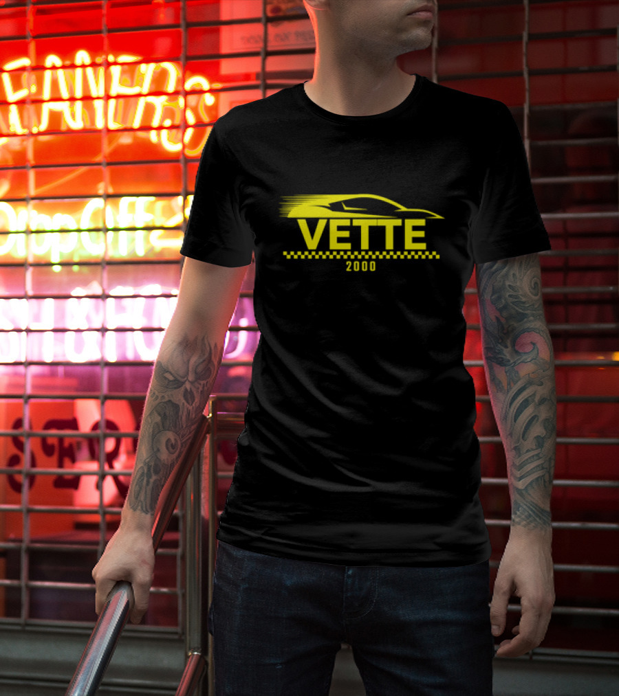 Vette 2000 Sports Car Yellow Silhouette And Checkered Stripe T-Shirt