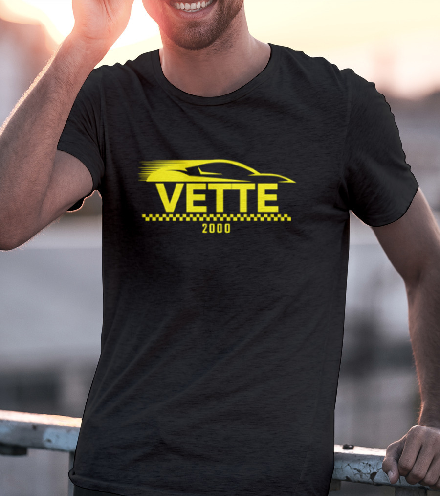 Vette 2000 Sports Car Yellow Silhouette And Checkered Stripe T-Shirt