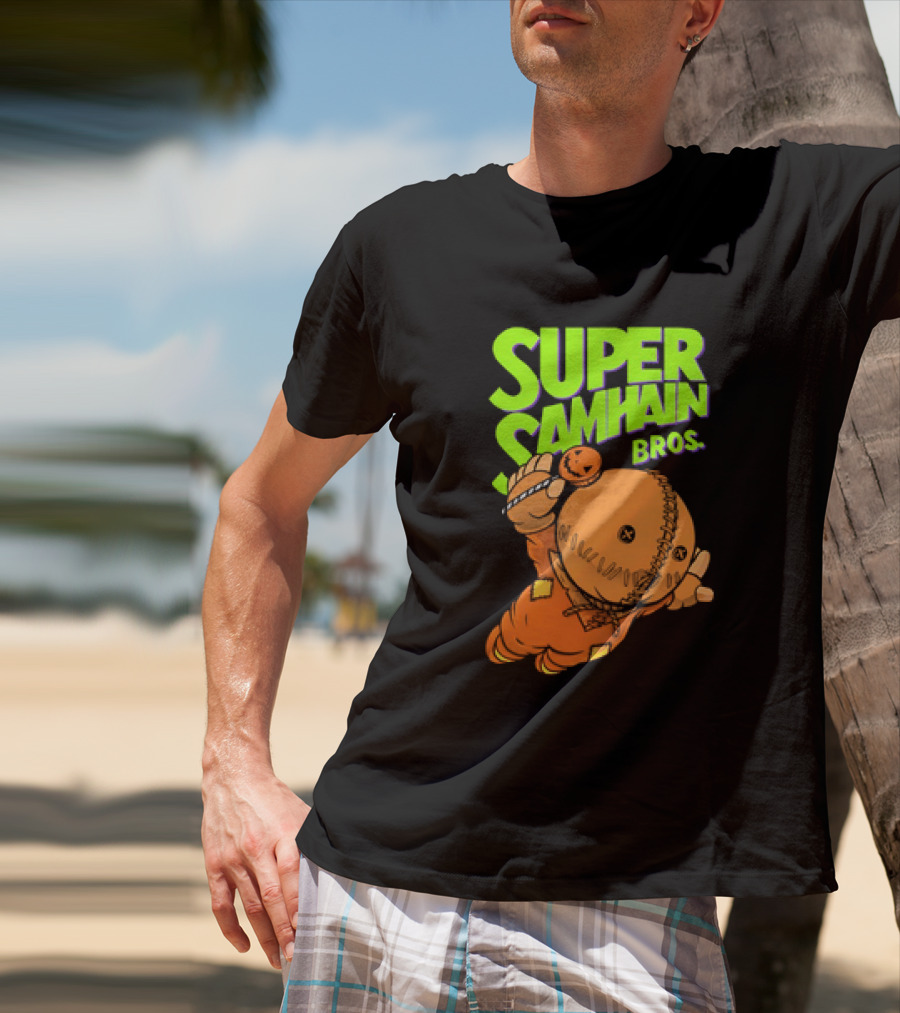 Super Samhain Bros Trick ‘r Treat Sam Icon In Pumpkin Suit With Green And Orange Highlights T-Shirt