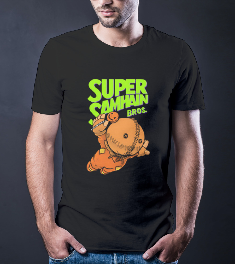 Super Samhain Bros Trick ‘r Treat Sam Icon In Pumpkin Suit With Green And Orange Highlights T-Shirt