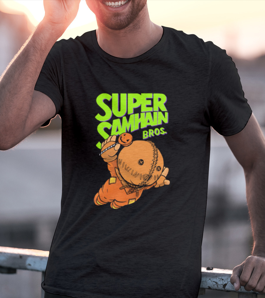 Super Samhain Bros Trick ‘r Treat Sam Icon In Pumpkin Suit With Green And Orange Highlights T-Shirt