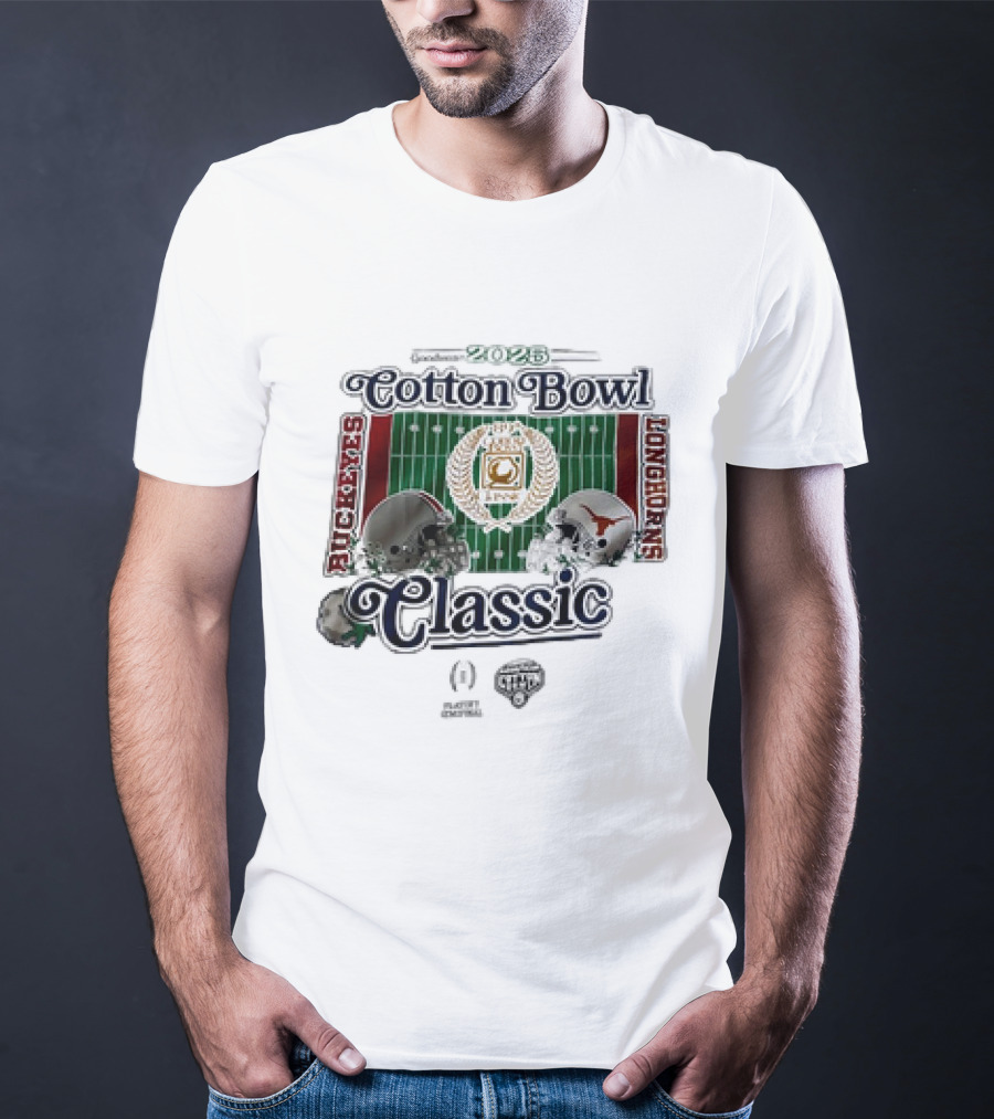 Playoff Central Ohio State Buckeyes Versus Texas Longhorns 2025 Cotton Bowl Classic Helmet Matchup T-Shirt