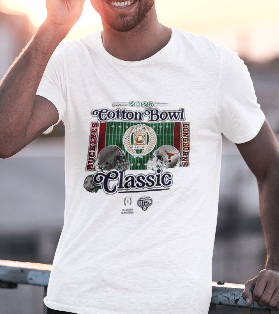 Playoff Central Ohio State Buckeyes Versus Texas Longhorns 2025 Cotton Bowl Classic Helmet Matchup T-Shirt