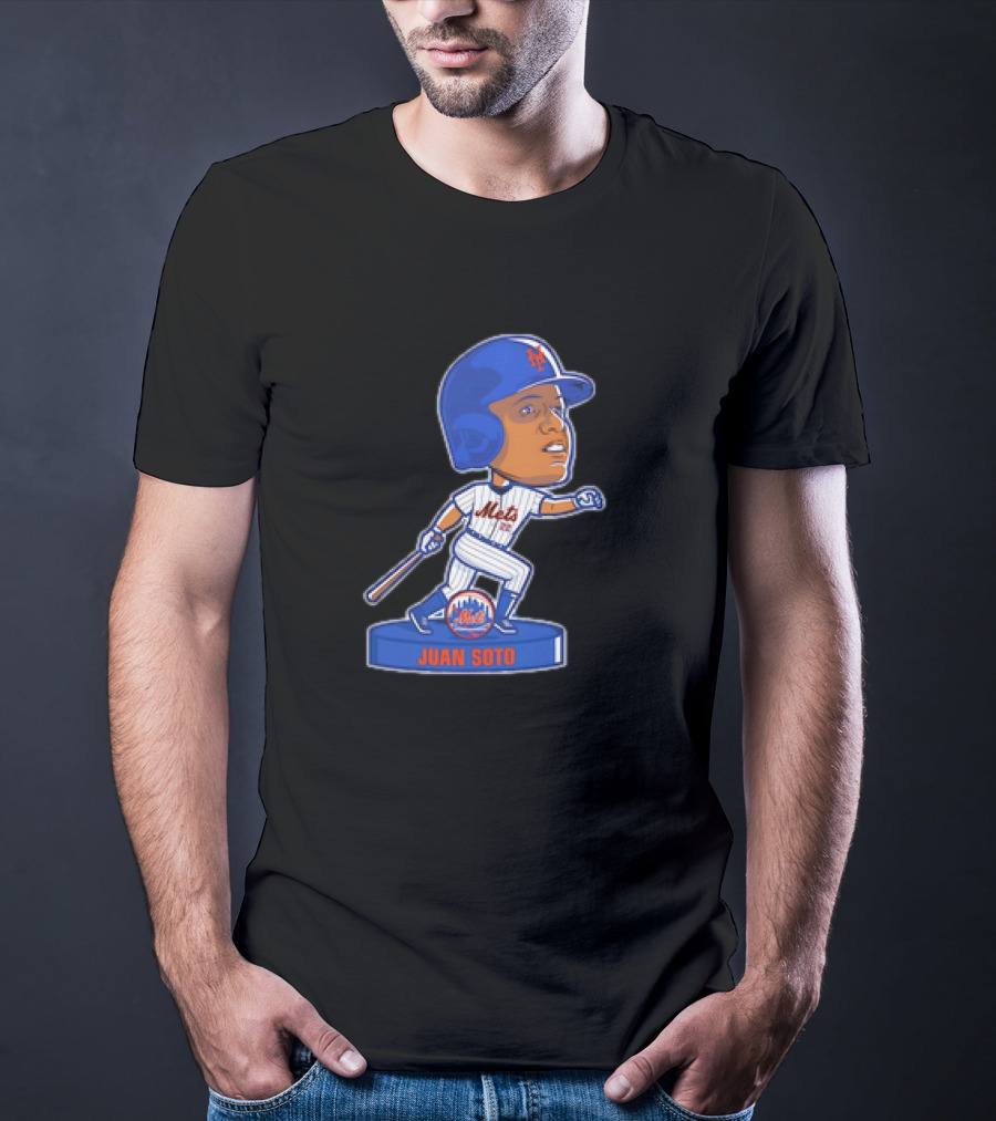 Juan Soto New York Mets Bobblehead Cartoon Mets Logo Baseball T-Shirt