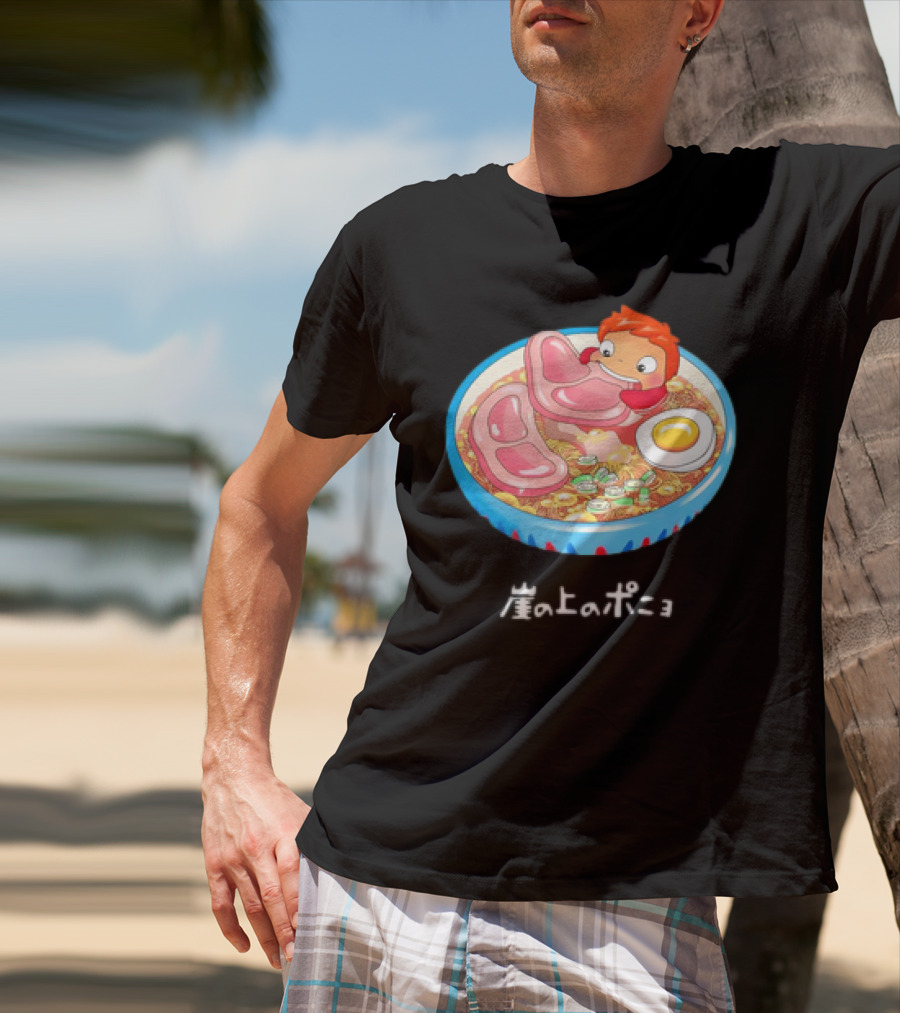 Ponyo Swims In Ramen Bowl With Egg And Noodles Japanese Text T-Shirt