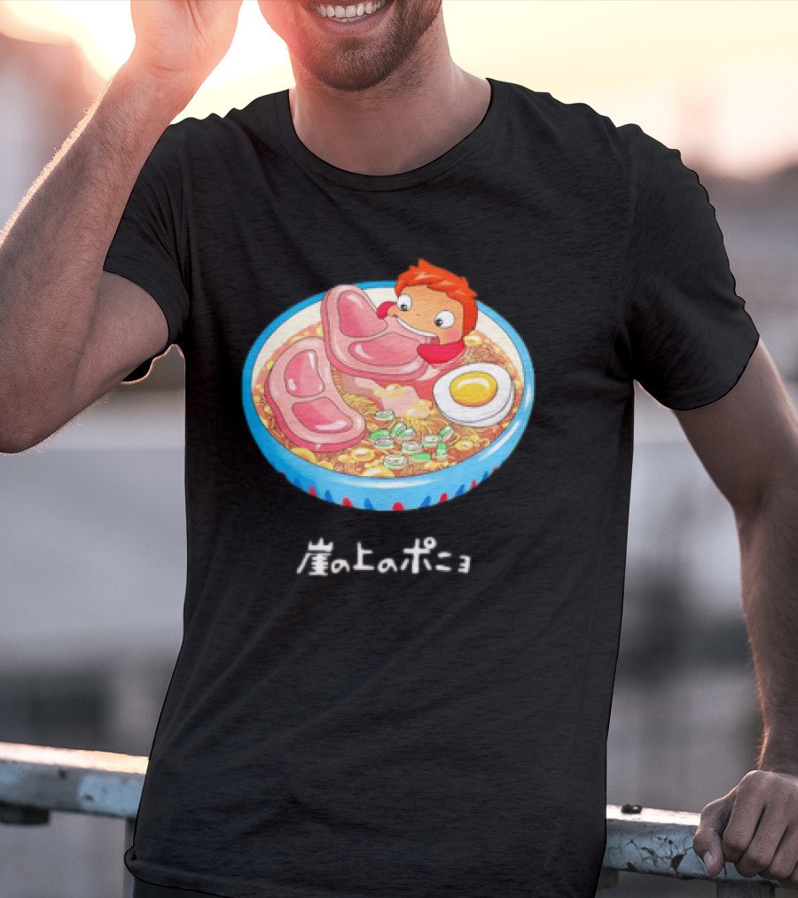 Ponyo Swims In Ramen Bowl With Egg And Noodles Japanese Text T-Shirt