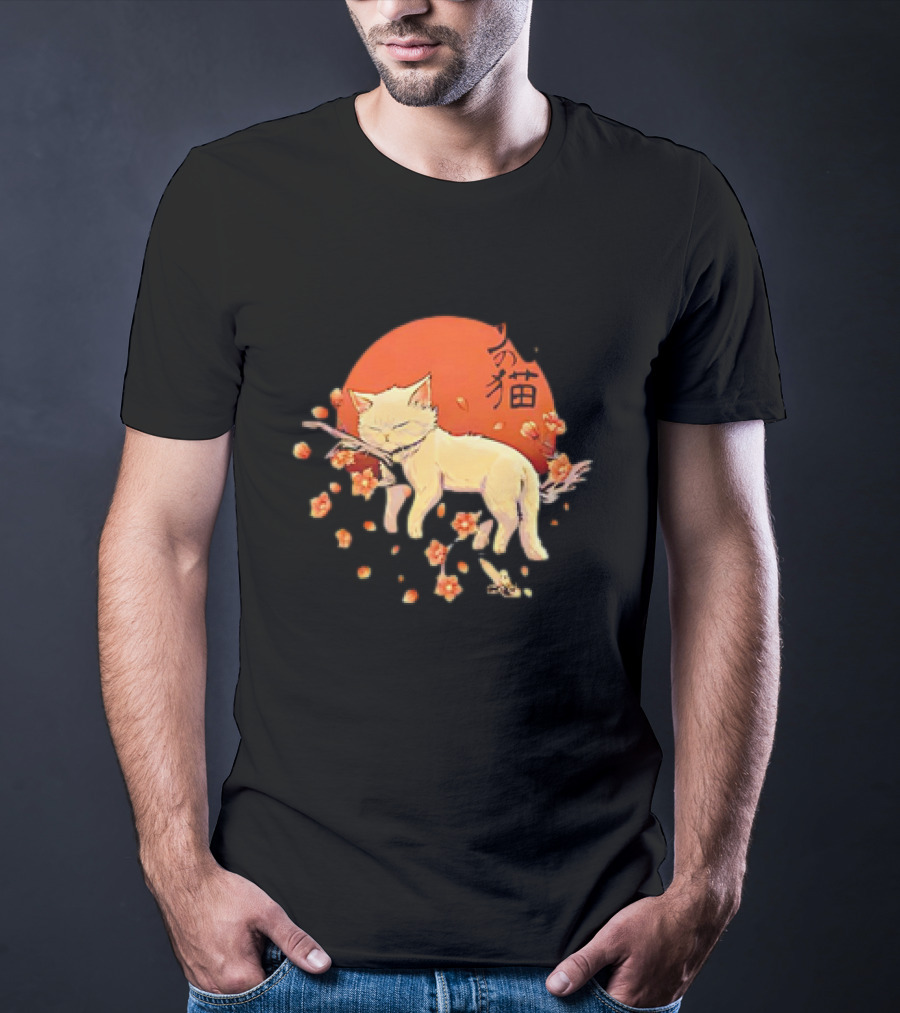 Sleeping Cat With Blossoms Under Red Sun T-Shirt
