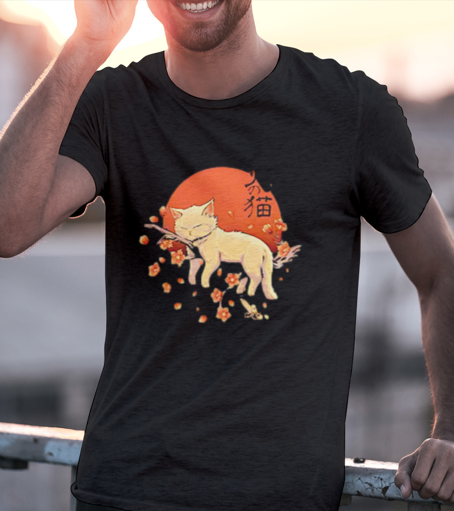 Sleeping Cat With Blossoms Under Red Sun T-Shirt