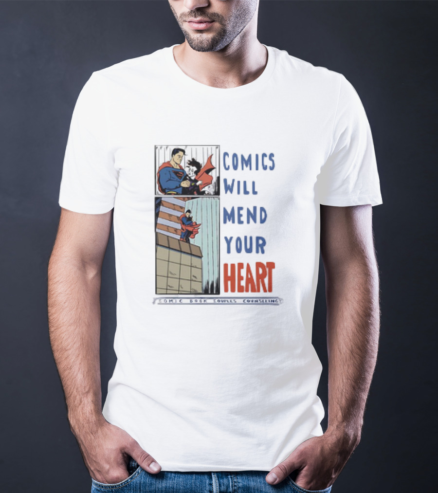 Comics Will Mend Your Heart Comic Book Couples Counseling Iconic Characters Embrace T-Shirt