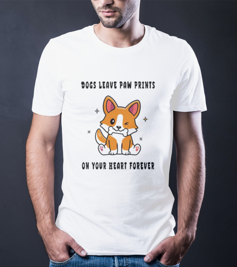 Dogs Leave Paw Prints On Your Heart Forever Shiba Inu Illustration With Bone And Stars T-Shirt