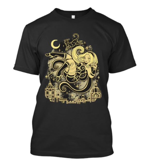 Gravity Rush Floating Cat And Girl In The Sky With Crescent Moon Cityscape T-Shirt
