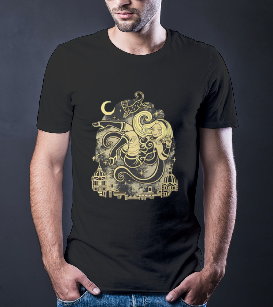 Gravity Rush Floating Cat And Girl In The Sky With Crescent Moon Cityscape T-Shirt