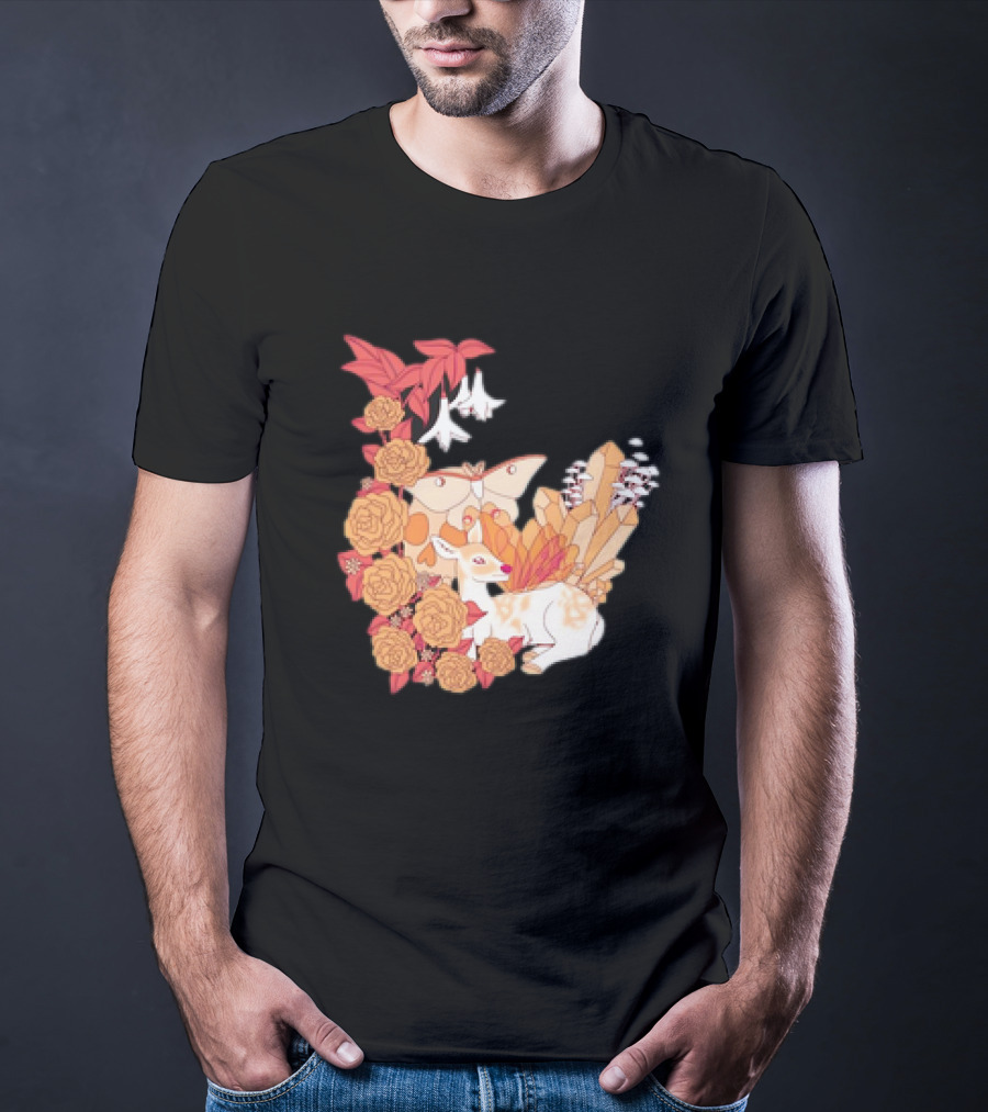 Mystical Forest Fawn Surrounded By Roses And Butterflies T-Shirt