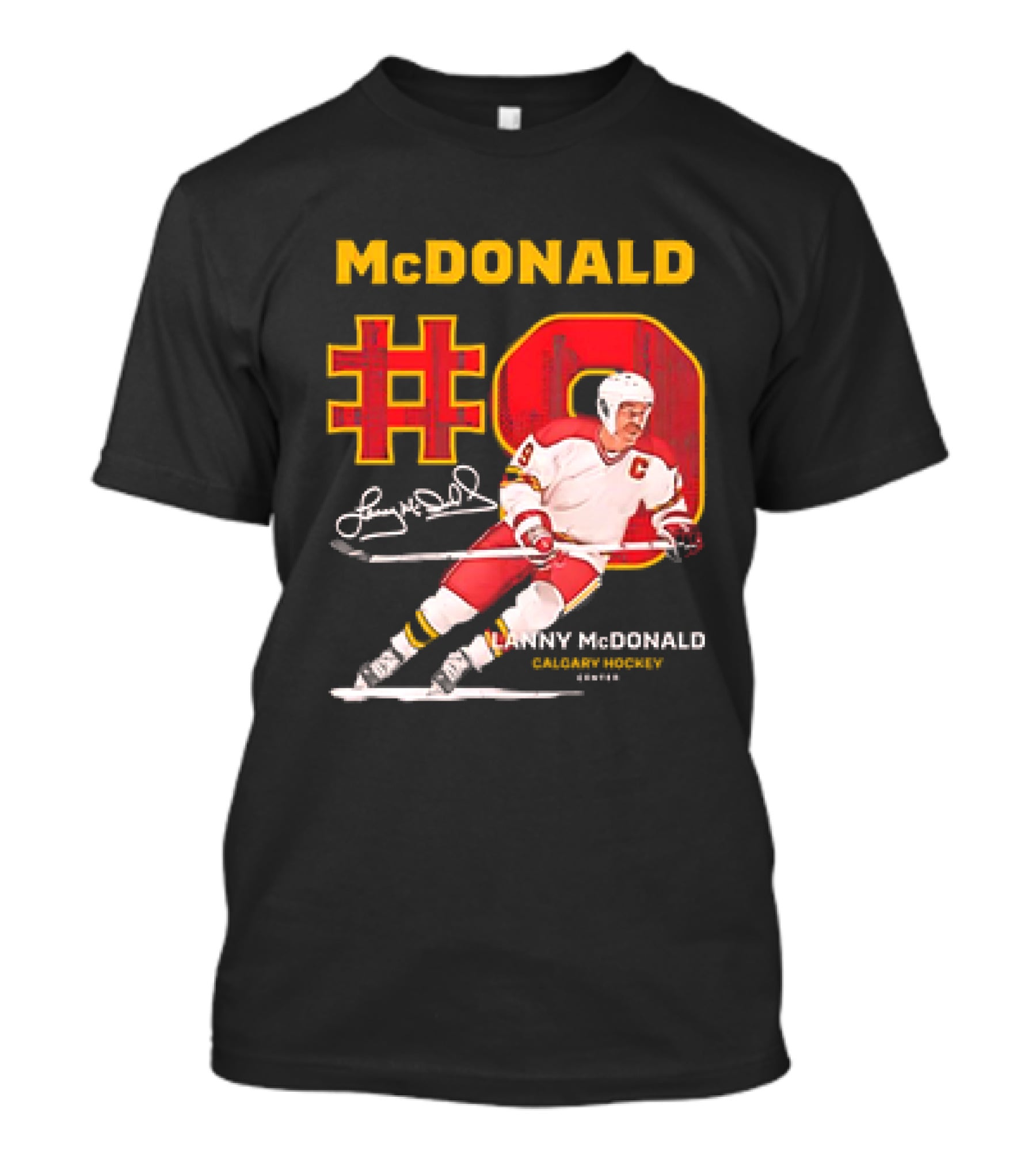 Lanny McDonald #9 Calgary Flames NHL Hockey Throwback Vintage Signature T-Shirt