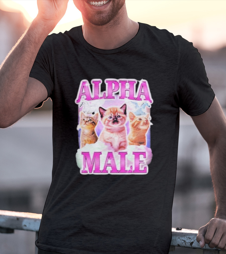 Alpha Male Cat Trio With Rainbow Unicorns And Clouds T-Shirt