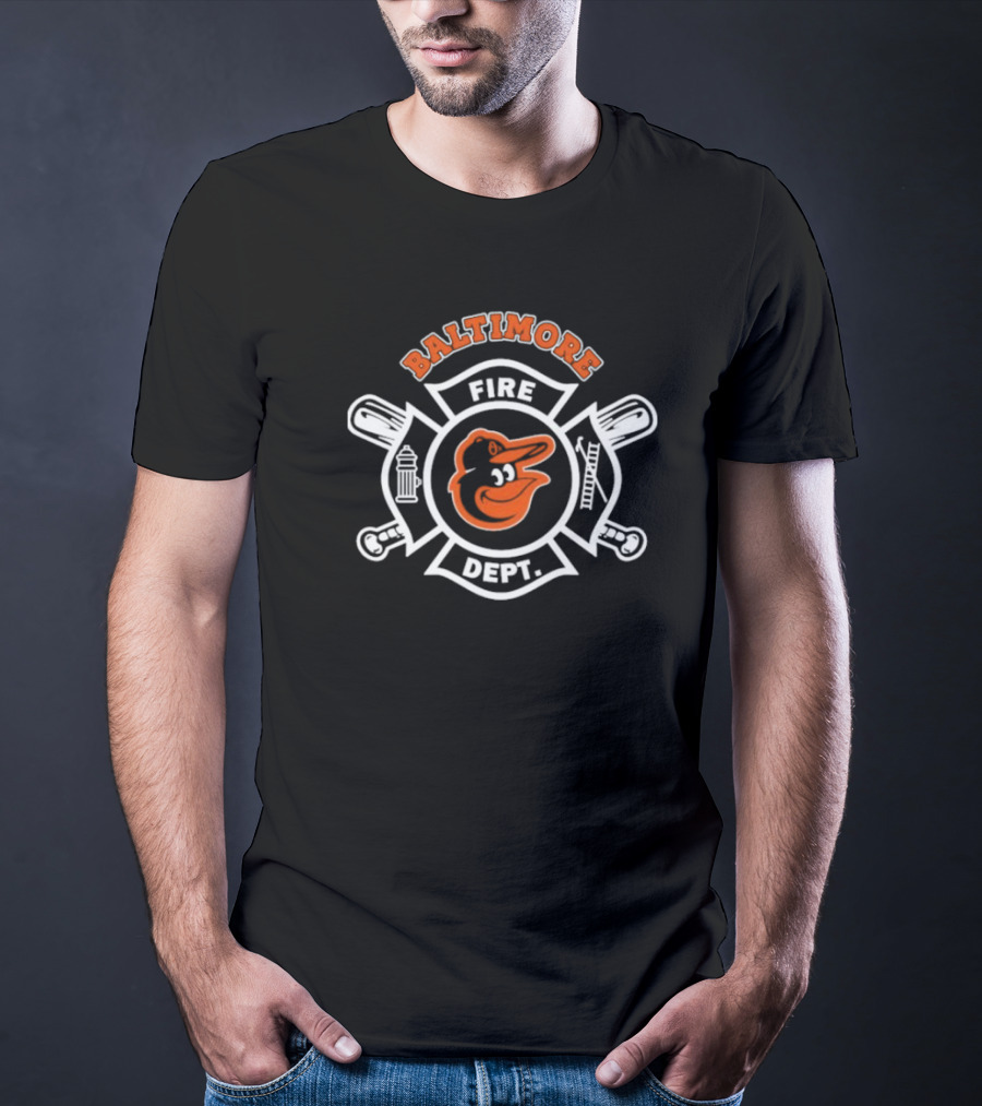 Baltimore Orioles Fire Dept Firefighters Badge Logo With Team Mascot T-Shirt