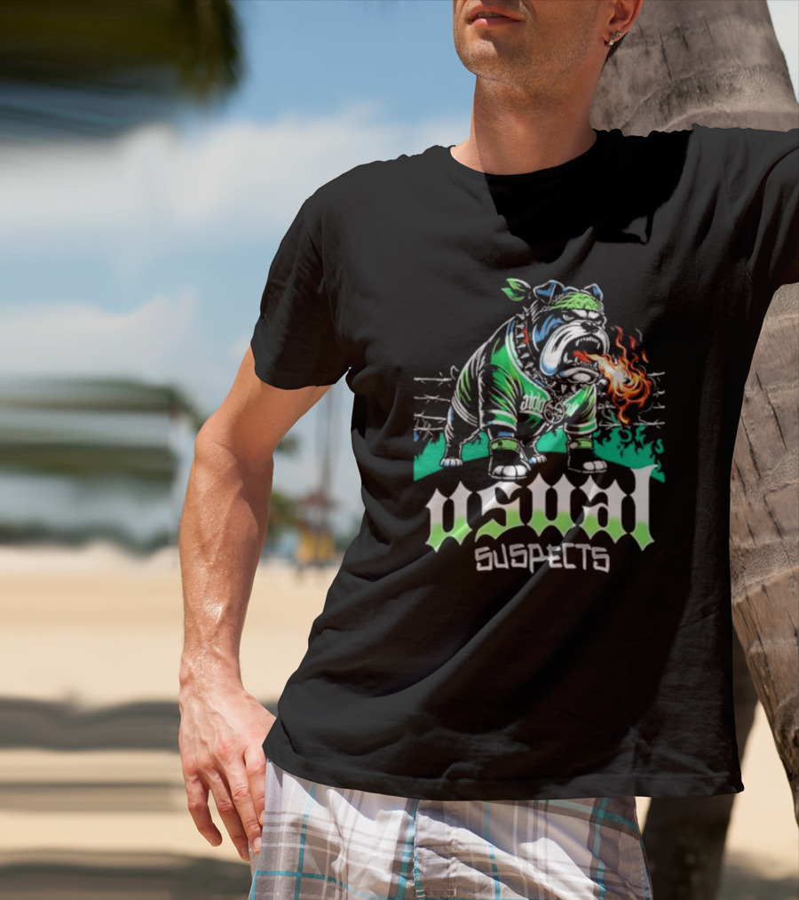 Usual Suspects Bulldog With Fiery Breath And Green Bandana T-Shirt
