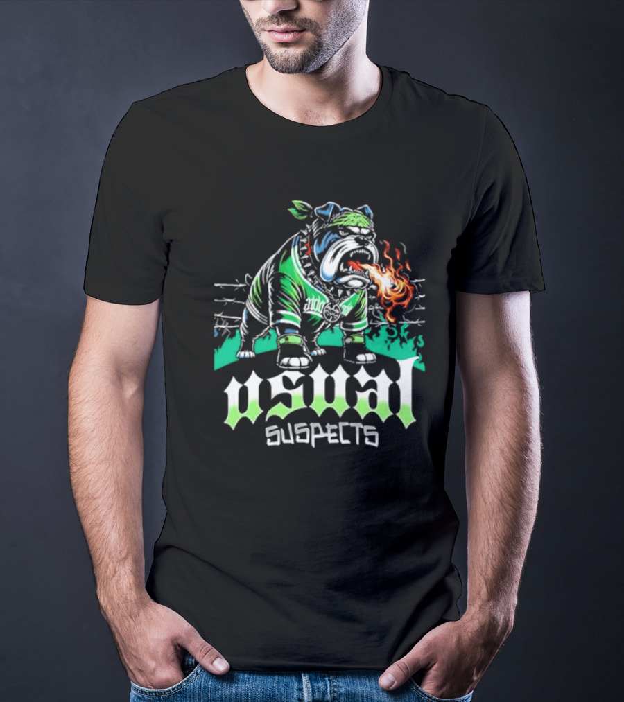 Usual Suspects Bulldog With Fiery Breath And Green Bandana T-Shirt