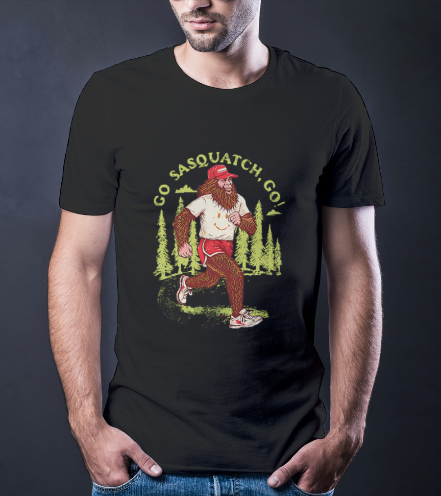 Go Sasquatch Go Bigfoot Jogging In Forest With Red Cap And Sneakers T-Shirt