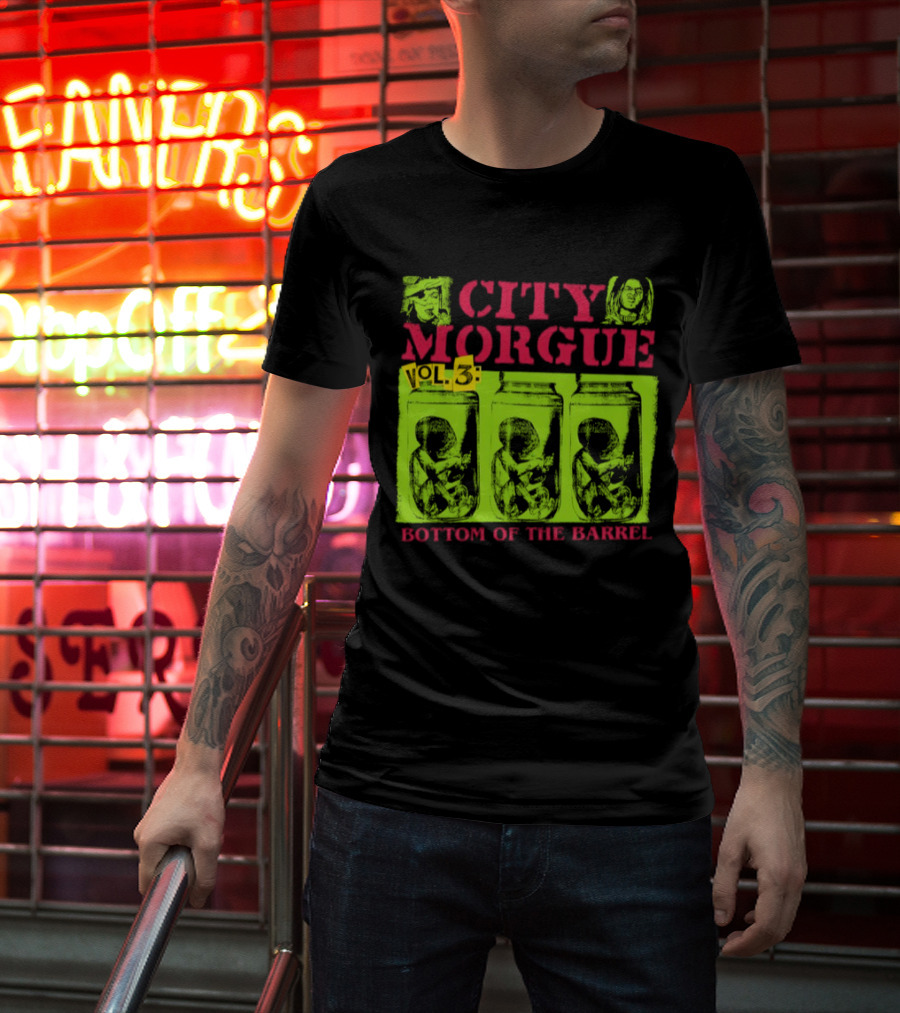 City Morgue Bottom Of The Barrel Green Neon Skeleton Illustrations T-Shirt