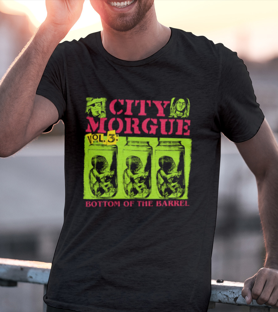 City Morgue Bottom Of The Barrel Green Neon Skeleton Illustrations T-Shirt