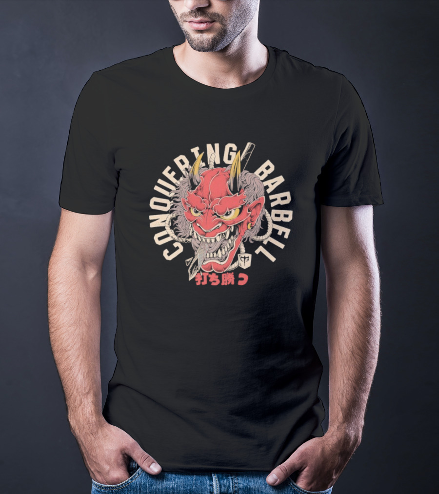 Conquering Barbell Oni Mask Japanese Text T-Shirt