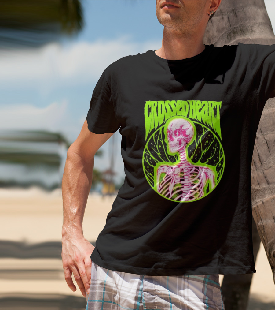 Crossed Heart Skeleton Neon Illustration T-Shirt