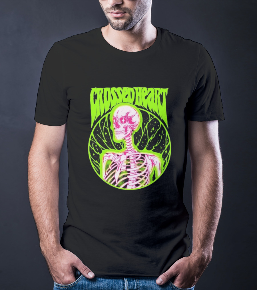 Crossed Heart Skeleton Neon Illustration T-Shirt