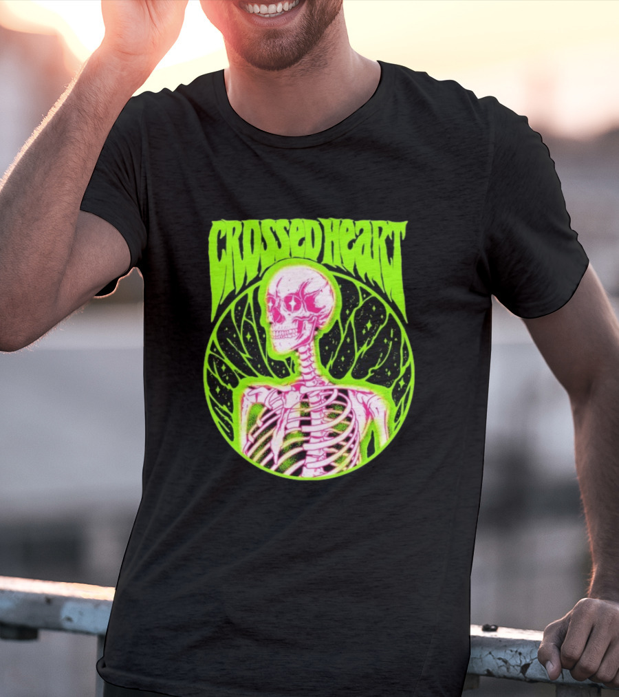 Crossed Heart Skeleton Neon Illustration T-Shirt