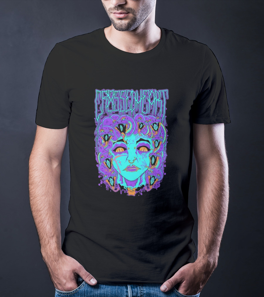 Crossed Heart Neon Medusa Snakes T-Shirt